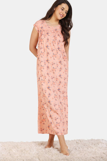 Buy Zivame Pretty Florals Woven Full Length Nightdress Peach Parfait at Rs.798 online Nightwear online